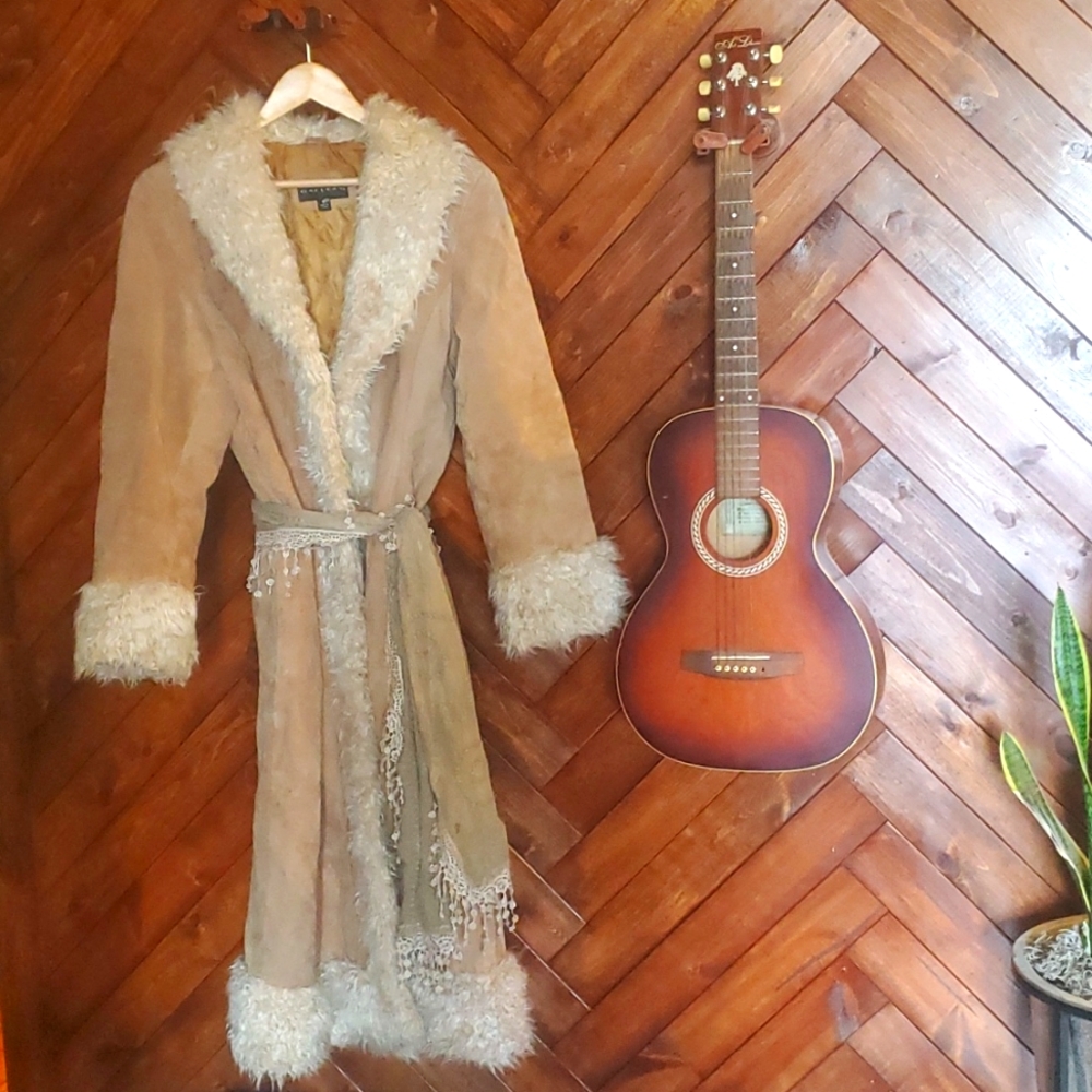 Vintage Penny Lane genuine suede coat with faux shearling trim by Gallery size L